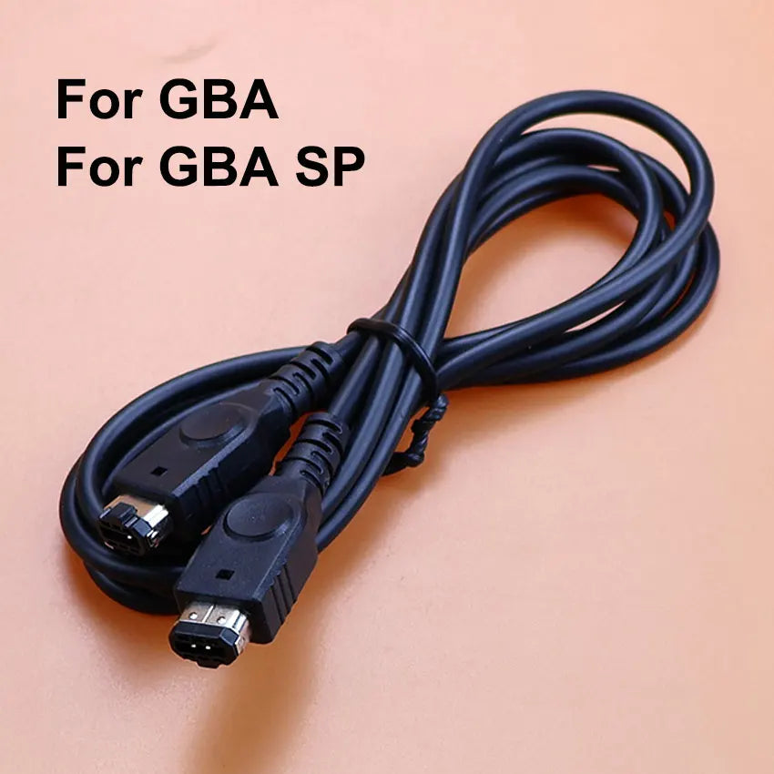Black cable with connectors for GBA and GBA SP on a beige background