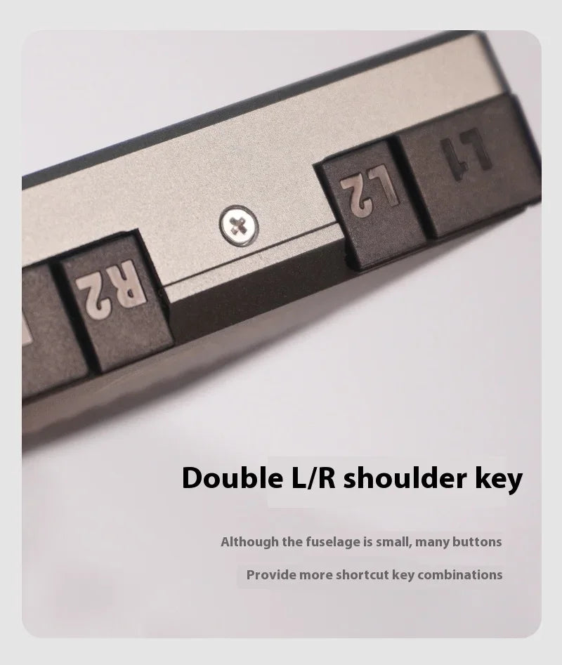 Close-up of a gaming controller with double L/R shoulder keys on a light gray background.
