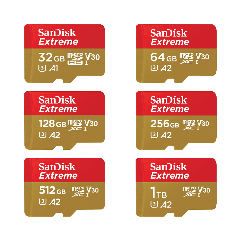Set of SanDisk Extreme microSD cards in various capacities on a white background