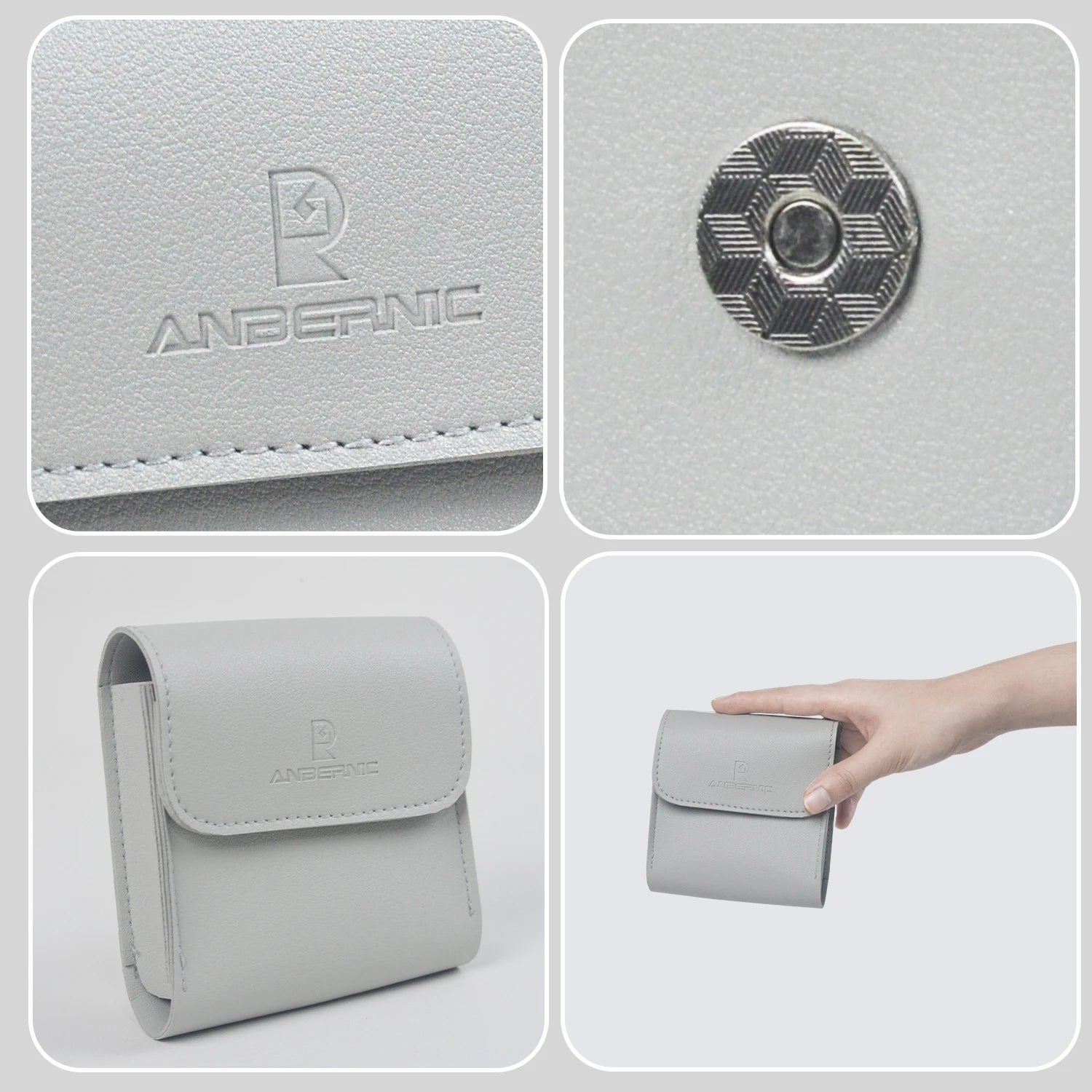 Collage of a gray case with ANBERNIC branding, showing different angles and details.