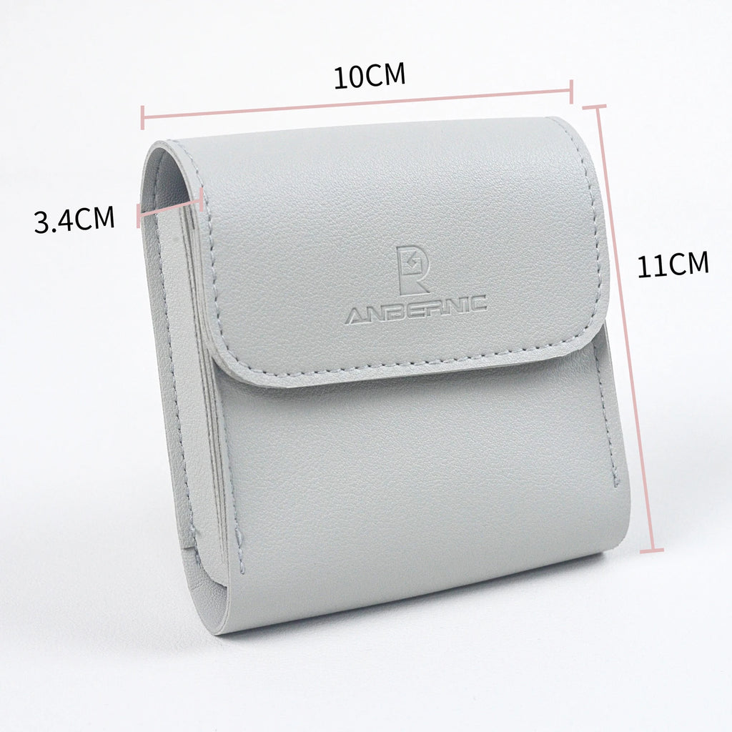Gray wallet with dimensions labeled on a white background
