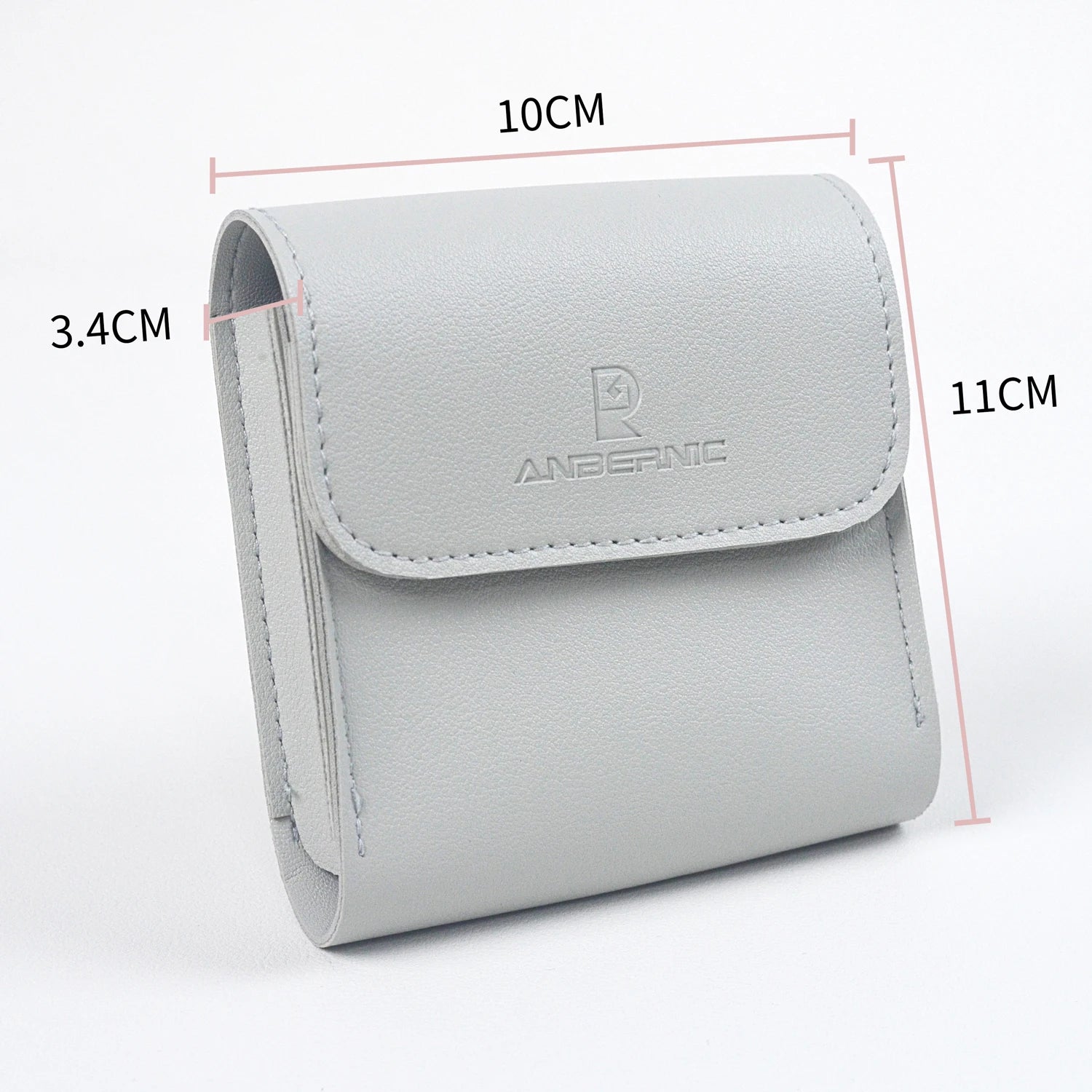 Gray wallet with dimensions labeled on a white background