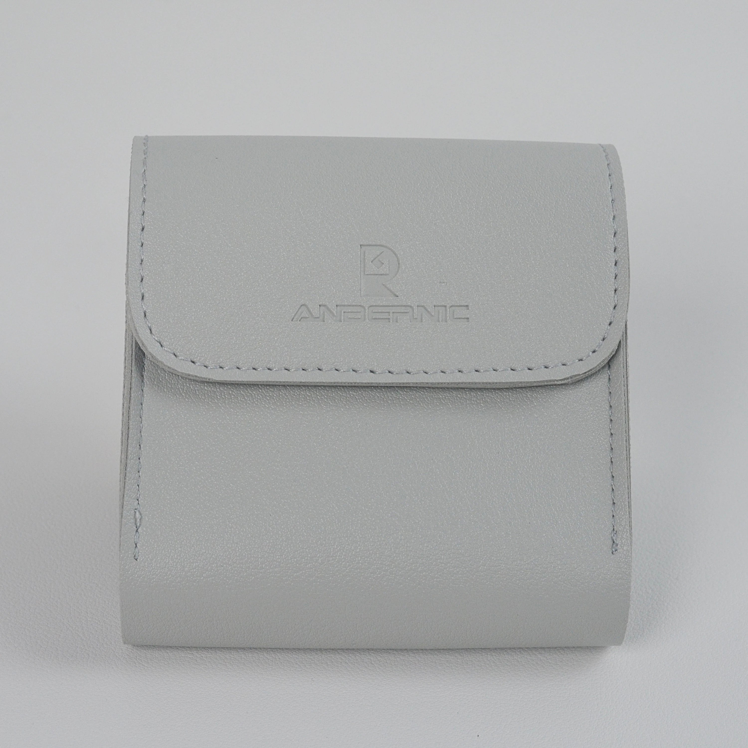 Gray case with brand logo on a light gray background