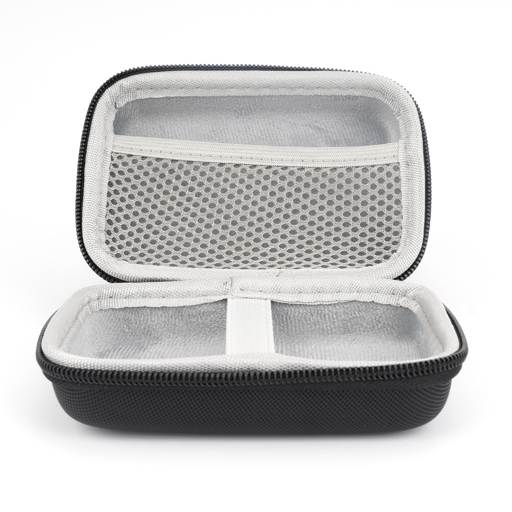 Black hard-shell travel case with mesh interior on a white background