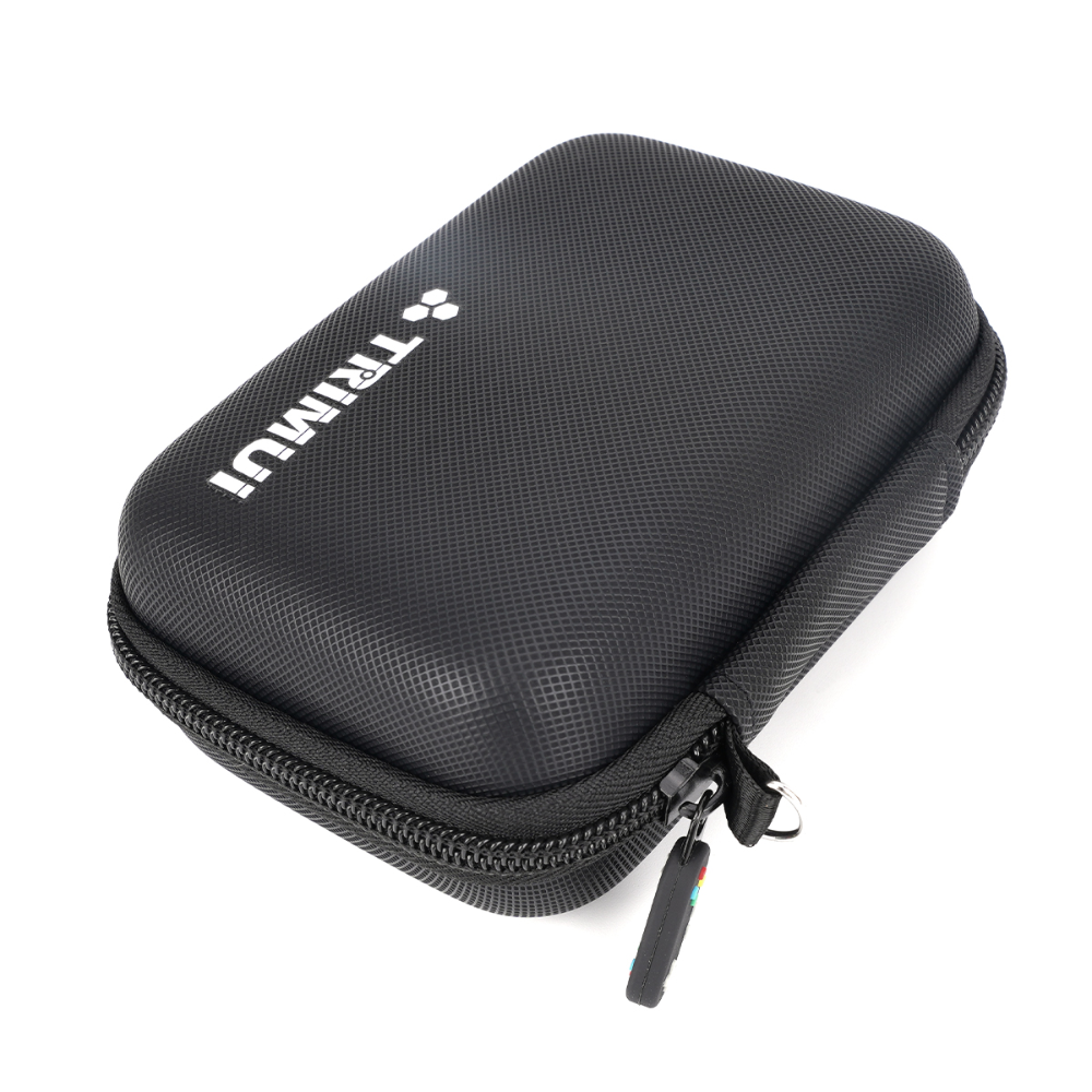 Black hard-shell carrying case with zipper on a white background
