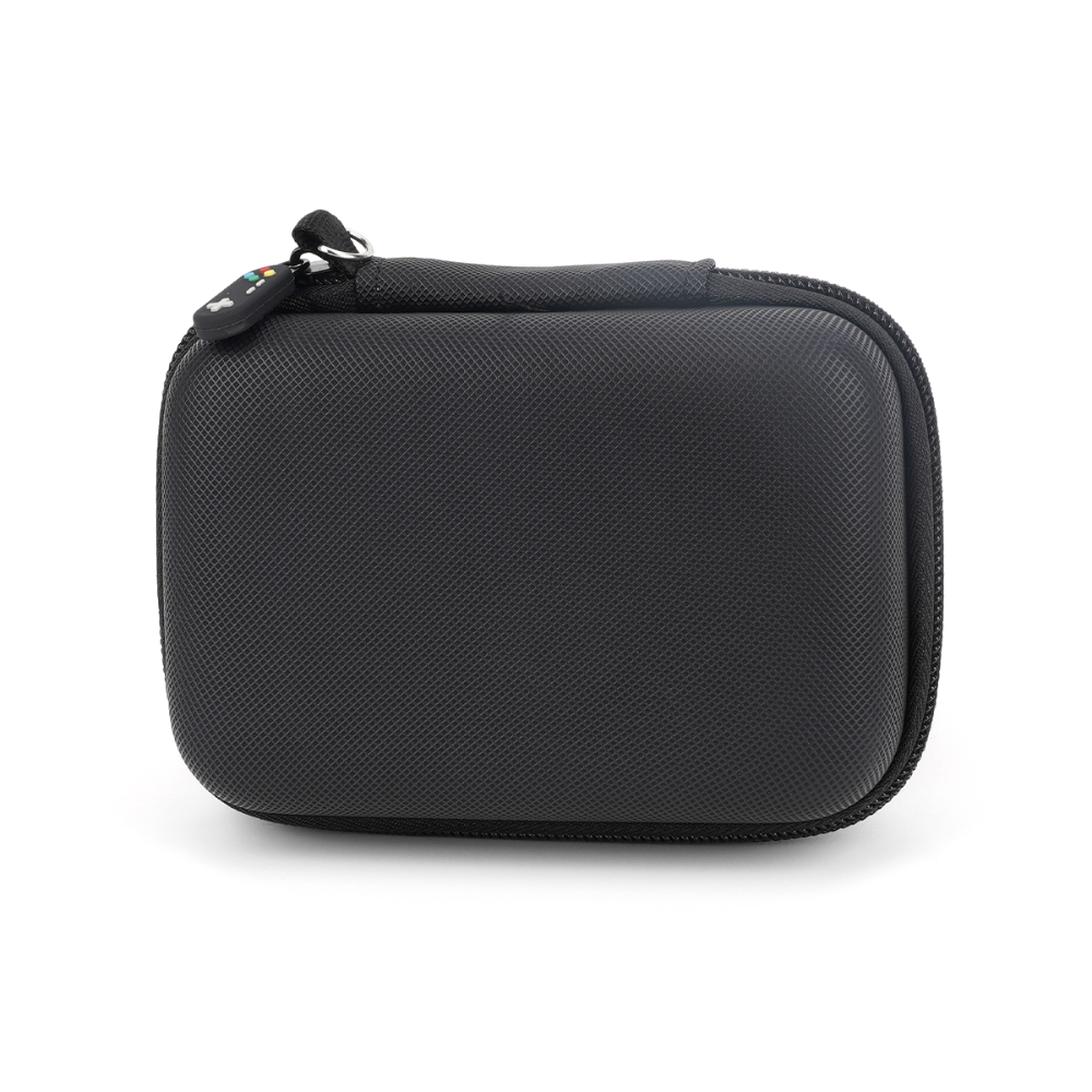 Black hard-shell travel case on a white background