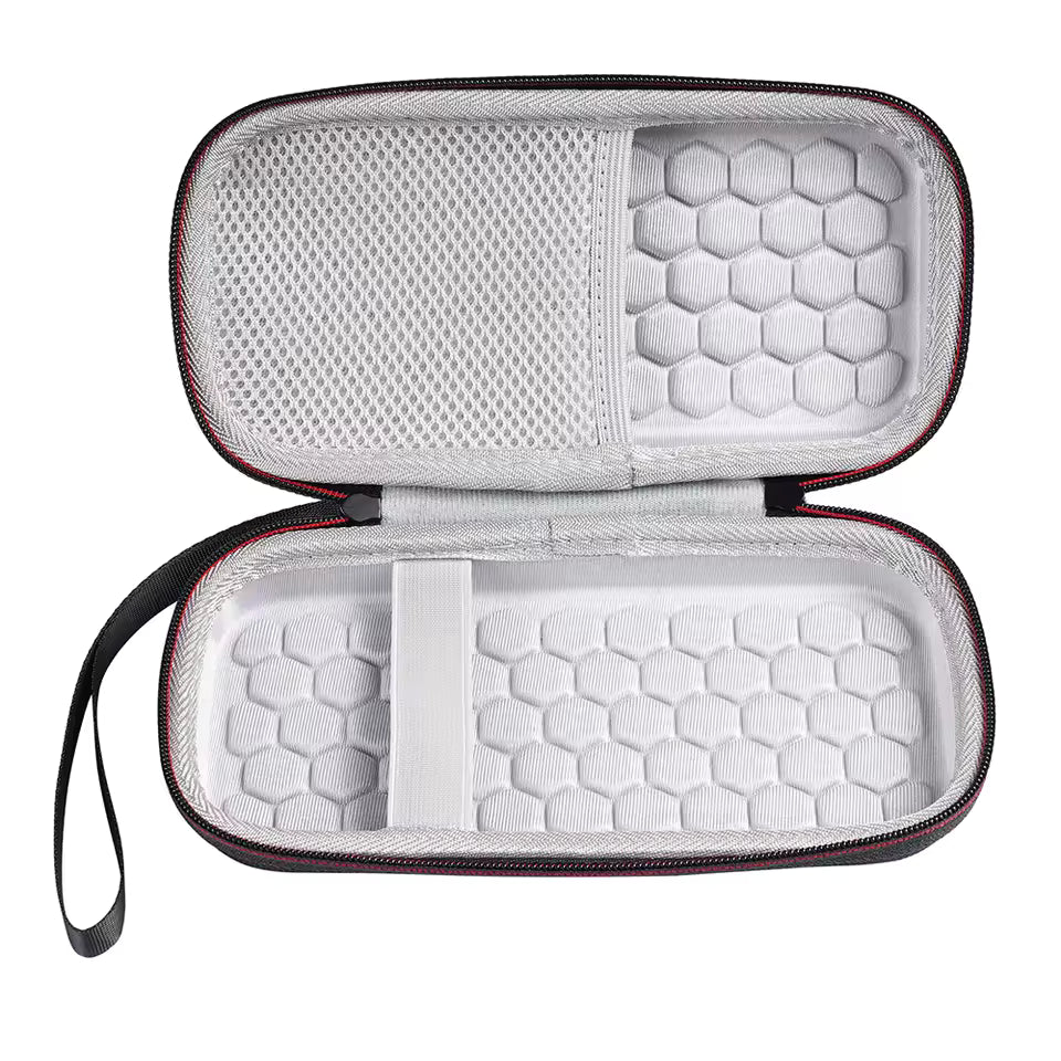Open hard-shell carrying case with honeycomb interior on a white background