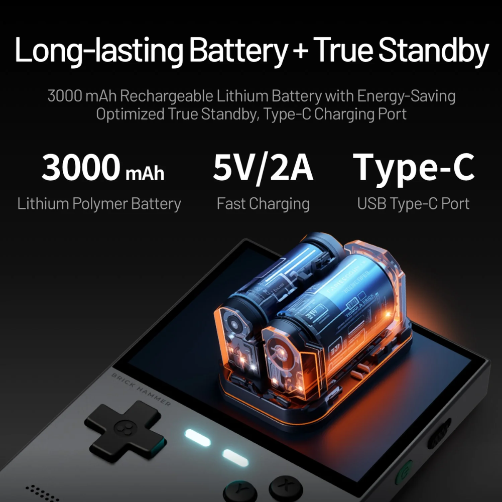 Battery pack with charging port on a gaming console, featuring text about battery specifications.