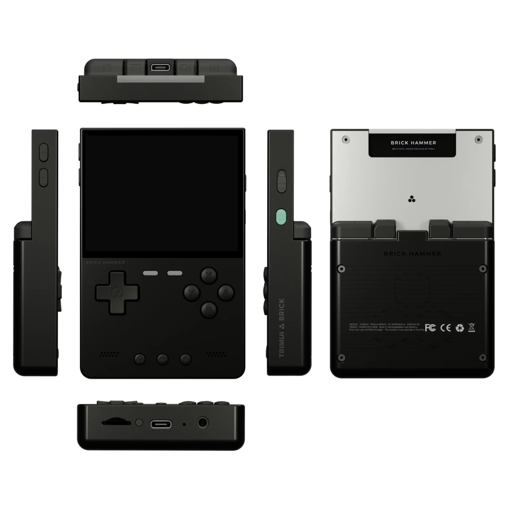 Black handheld device with multiple views on a white background