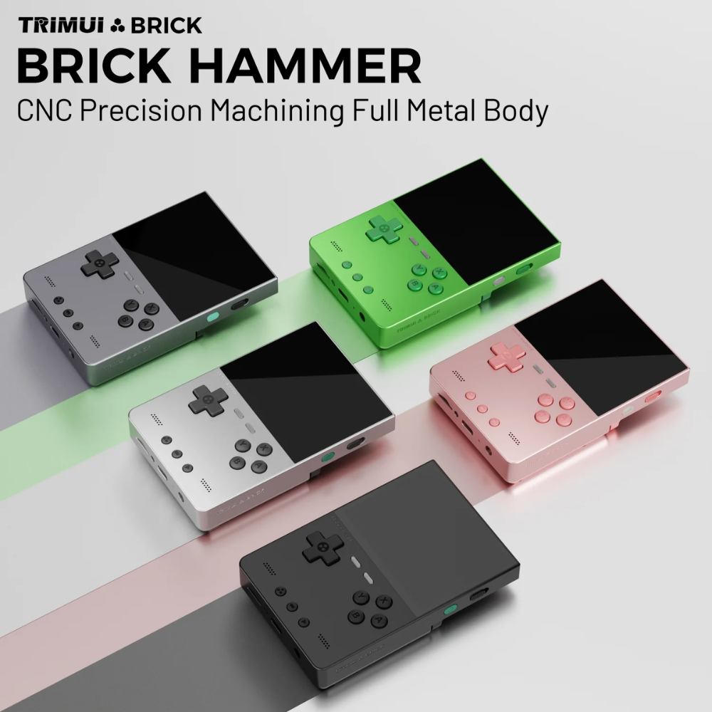 Five handheld gaming consoles in different colors on a light gray background with 'TRIMUI & BRICK' branding.
