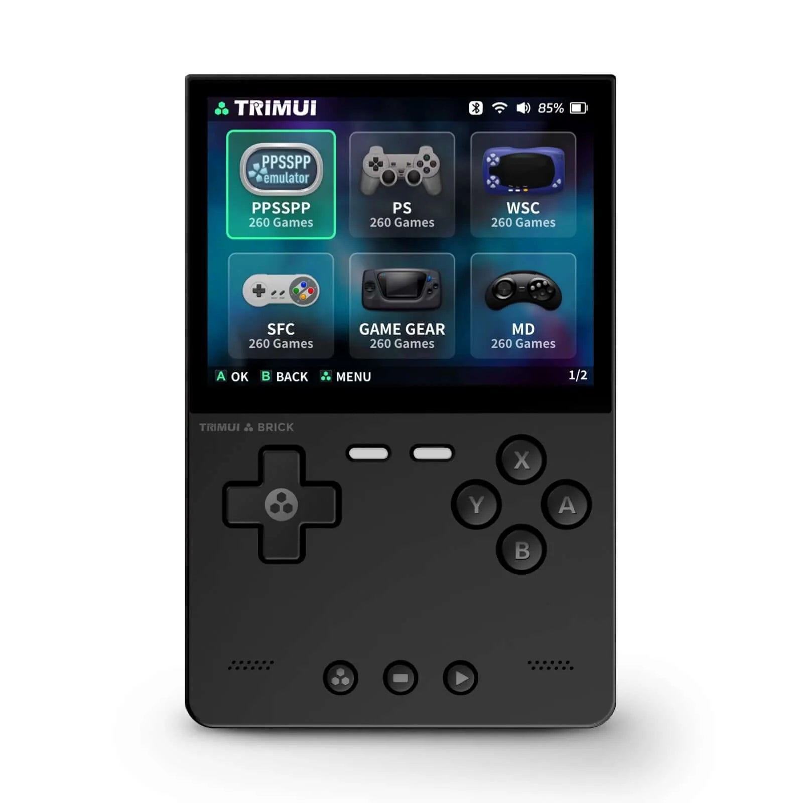 Black handheld gaming device with a screen displaying game selection interface on a white background
