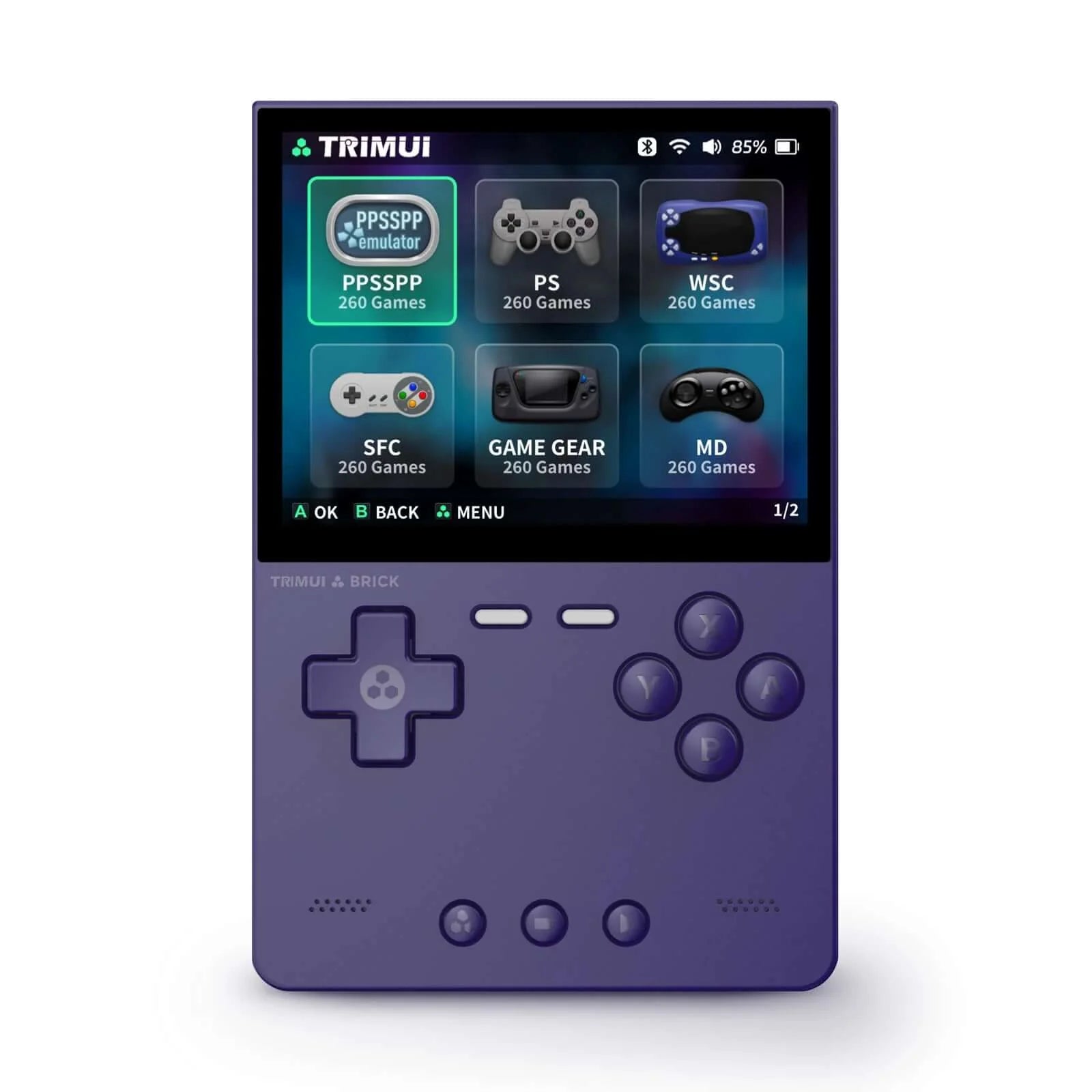 Purple handheld gaming device with a screen displaying game selection interface on a white background