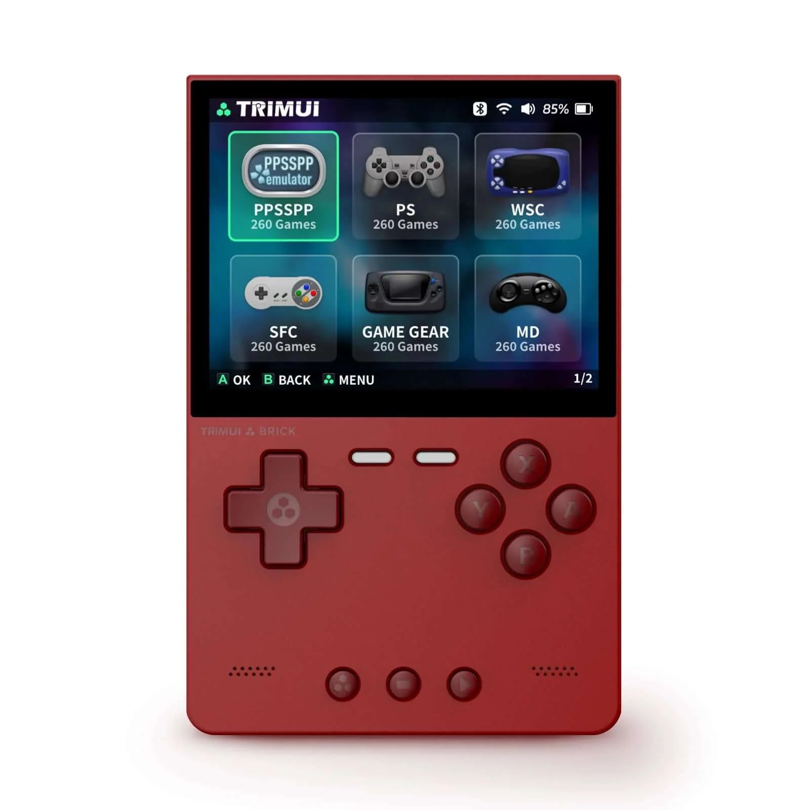 Red handheld gaming console with a screen displaying game selection interface on a white background