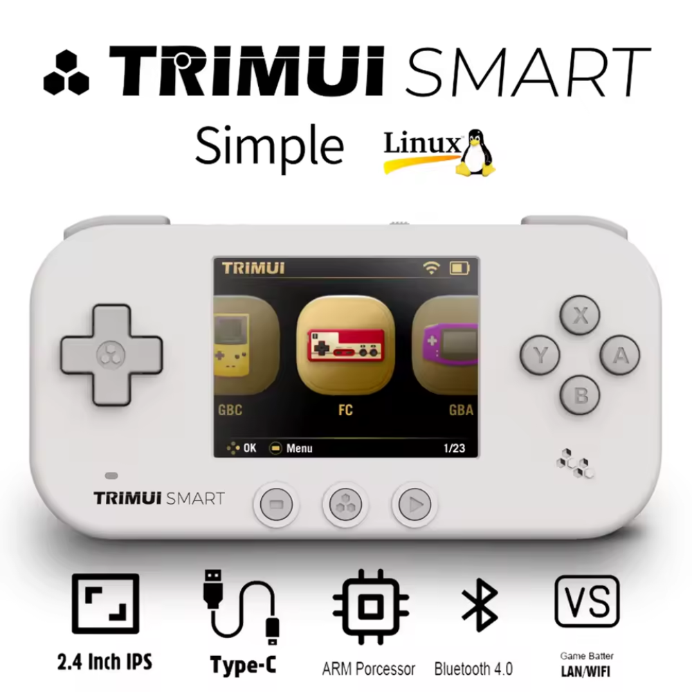 White handheld gaming console with TRIMUI SMART branding on a white background