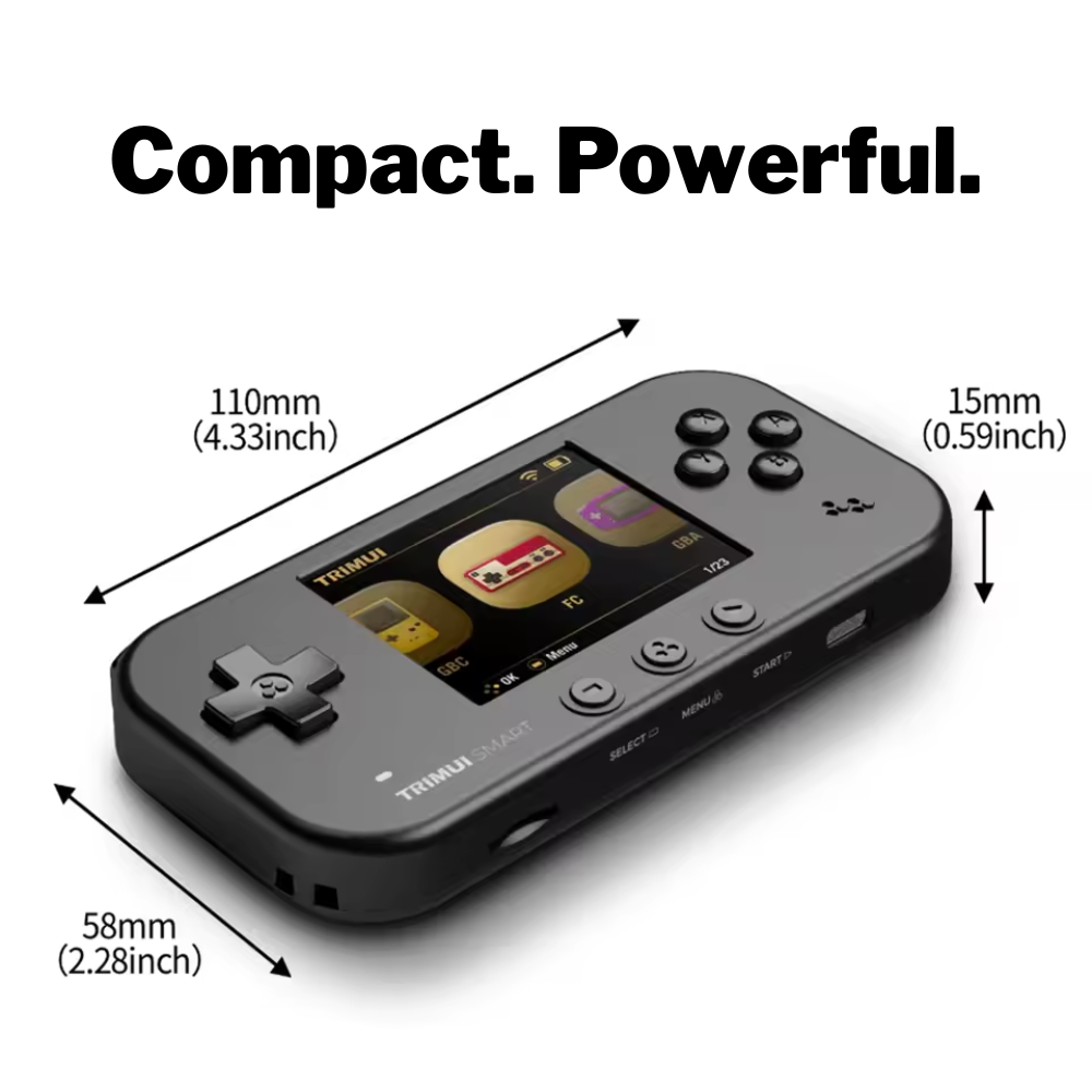 Handheld gaming console with dimensions labeled on a white background