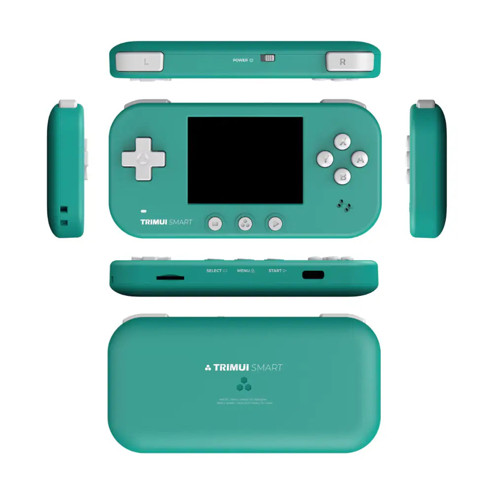 Teal handheld gaming console with multiple views on a white background