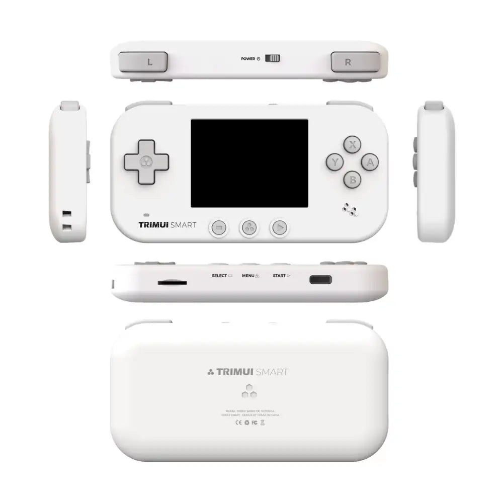 White handheld gaming console withjoystick and buttons on a white background