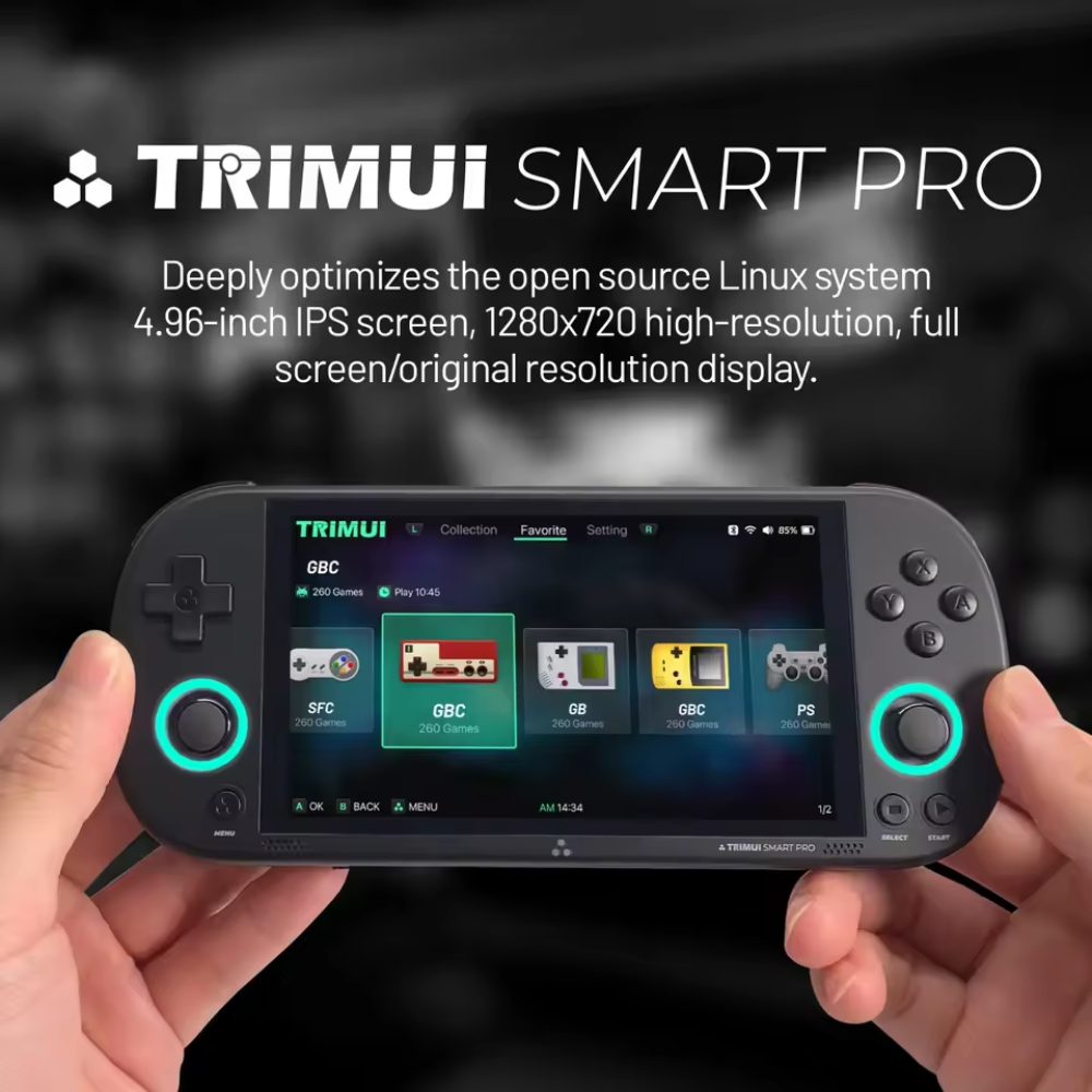Handheld gaming device with TRIMUI Smart Pro branding and screen display.