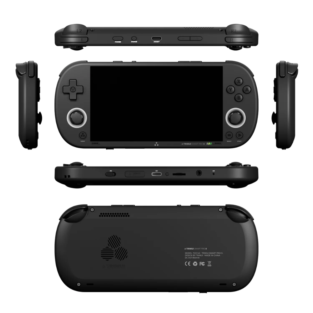 Black handheld gaming console with various components on a white background