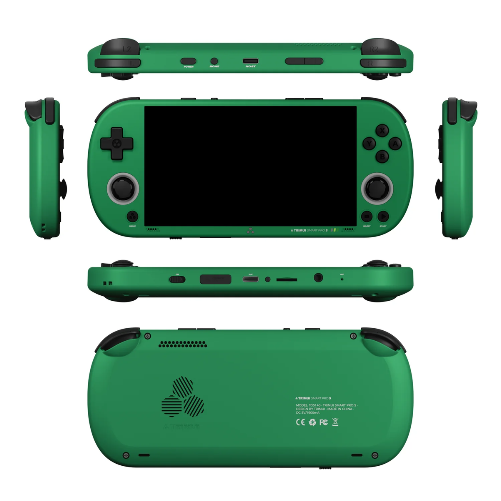 Green gaming console and controllers on a white background