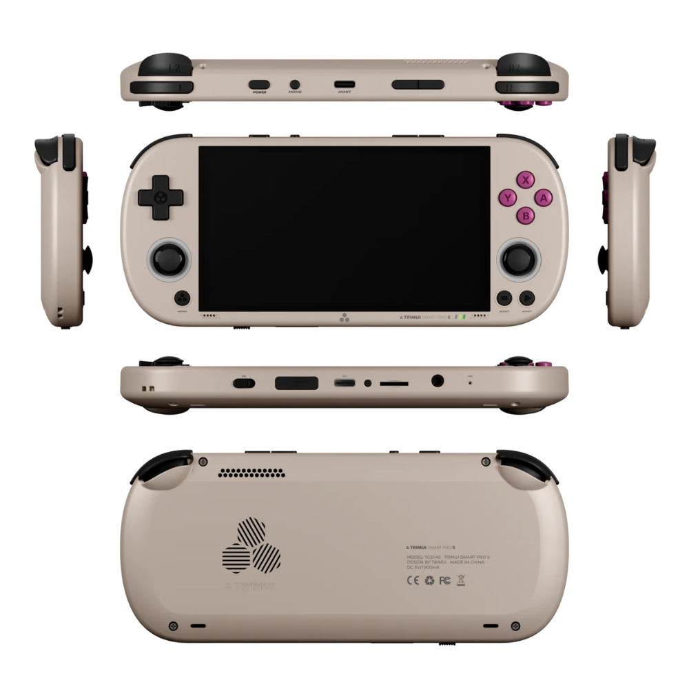 Portable gaming console with controller on a white background