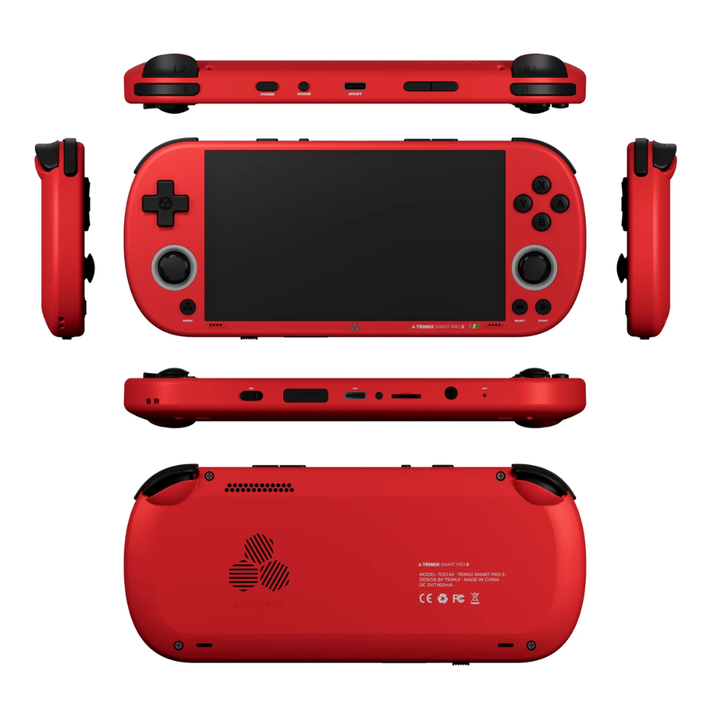 Red handheld gaming console with multiple views on a white background