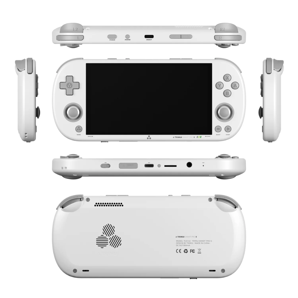 White handheld gaming console with multiple views on a white background