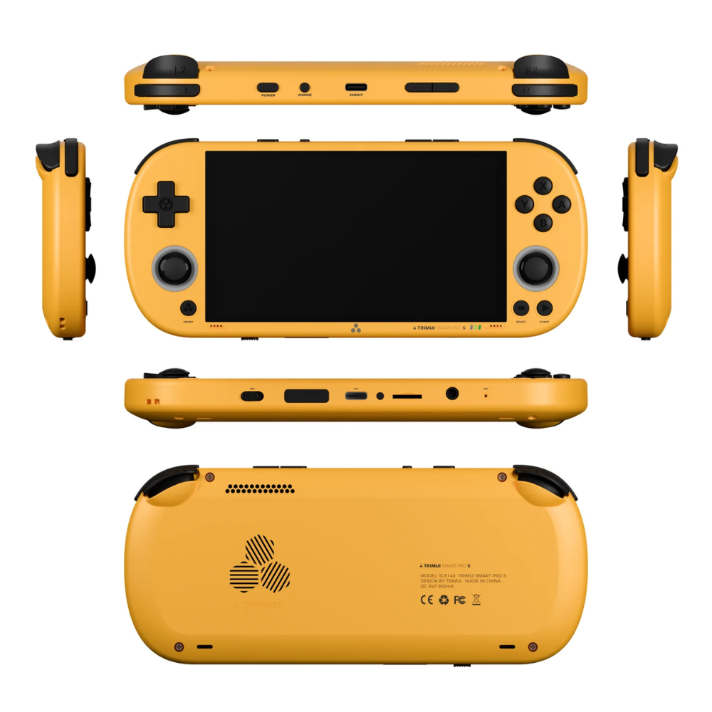 Yellow handheld gaming console with multiple views on a white background