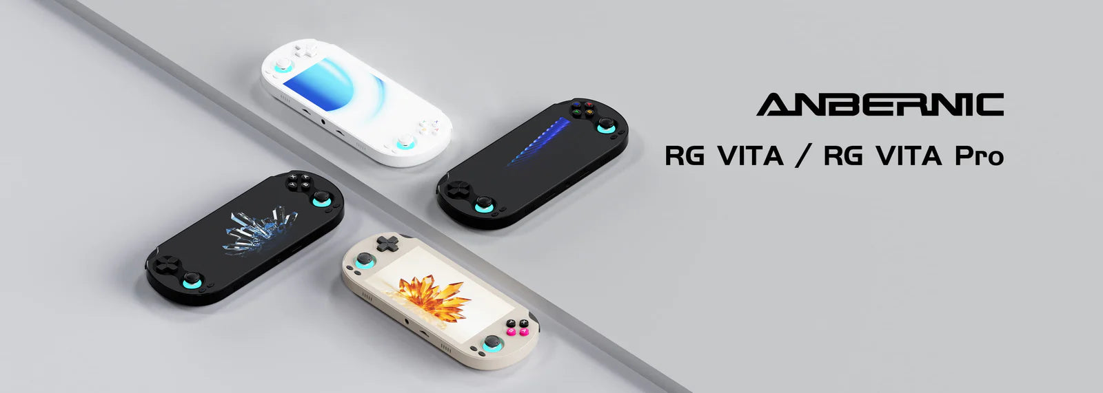 Anbernic RG VITA and RG VITA Pro gaming consoles on a gray background with brand name.