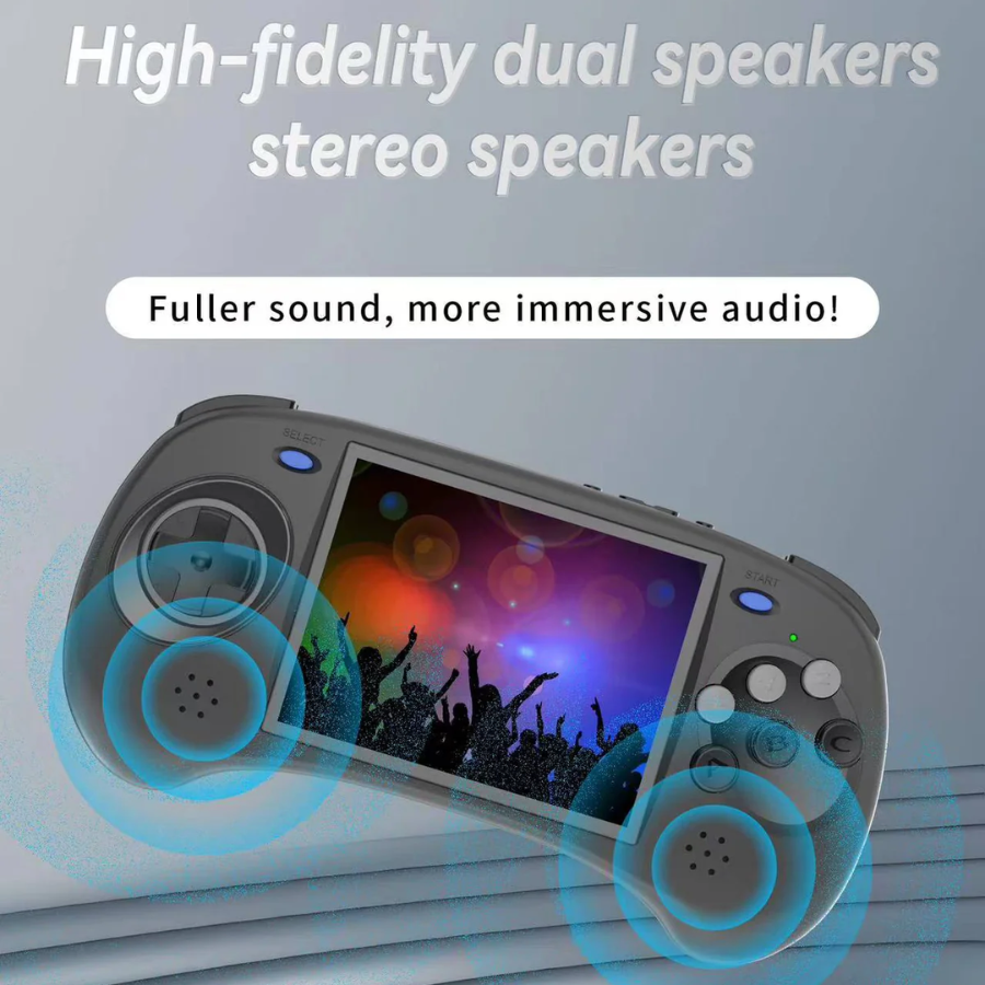 Gaming console with high-fidelity dual speakers and immersive audio text on a gray background