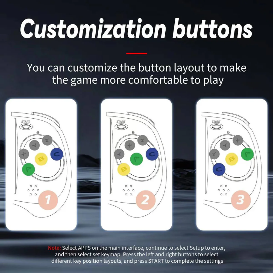 Three different button layouts for customization on a dark background with text.
